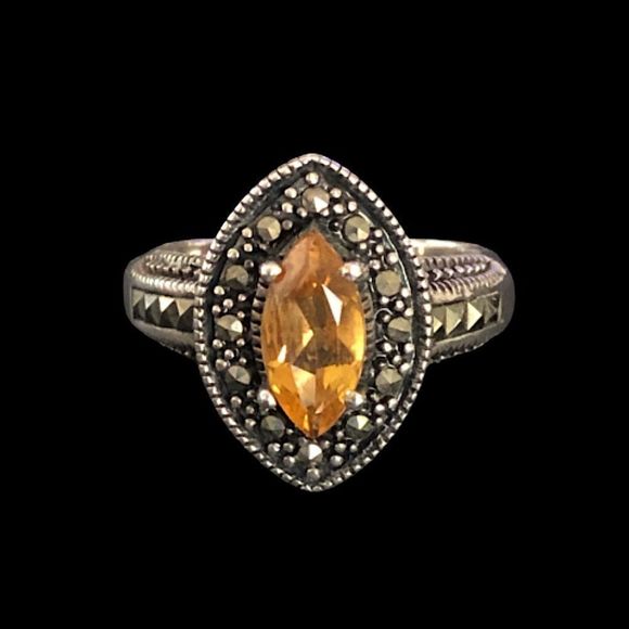 VINTAGE Marquise Cut Citrine Gemstone Sterling Silver Cocktail Ring Sz 7 - Picture 2 of 7
